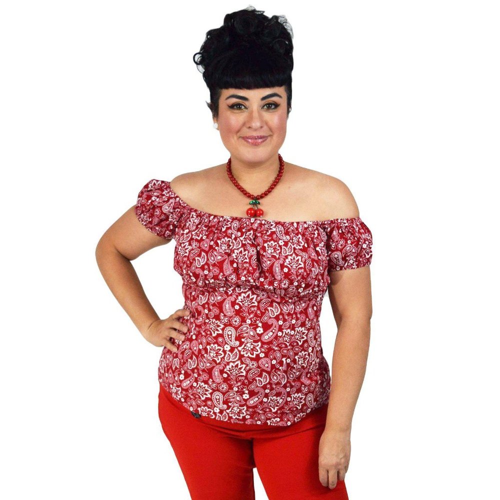 NWT Red Paisley Pinup Peasant Top - Picture 2 of 4